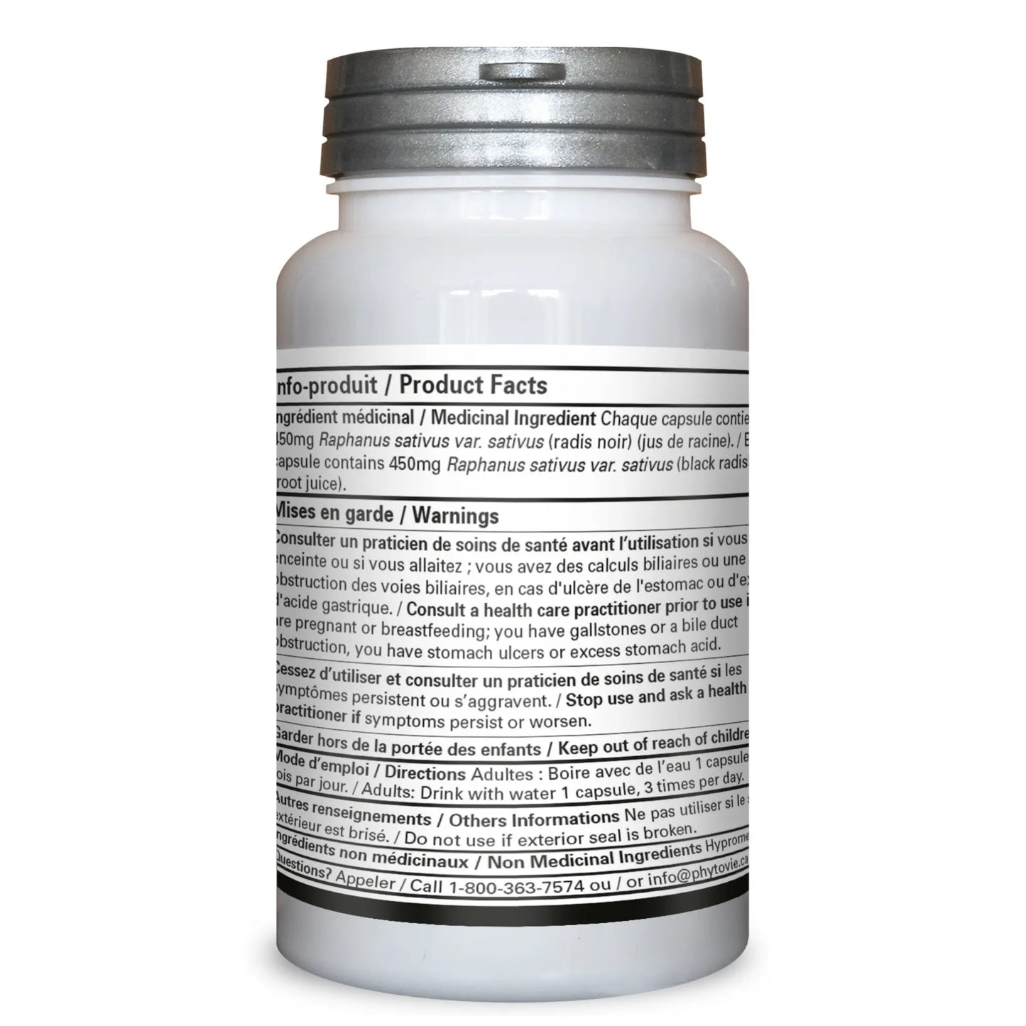 Dos du flacon de capsules Reine des prés Phytovie montrant les ingrédients médicinaux, la posologie, les avertissements et les faits produit