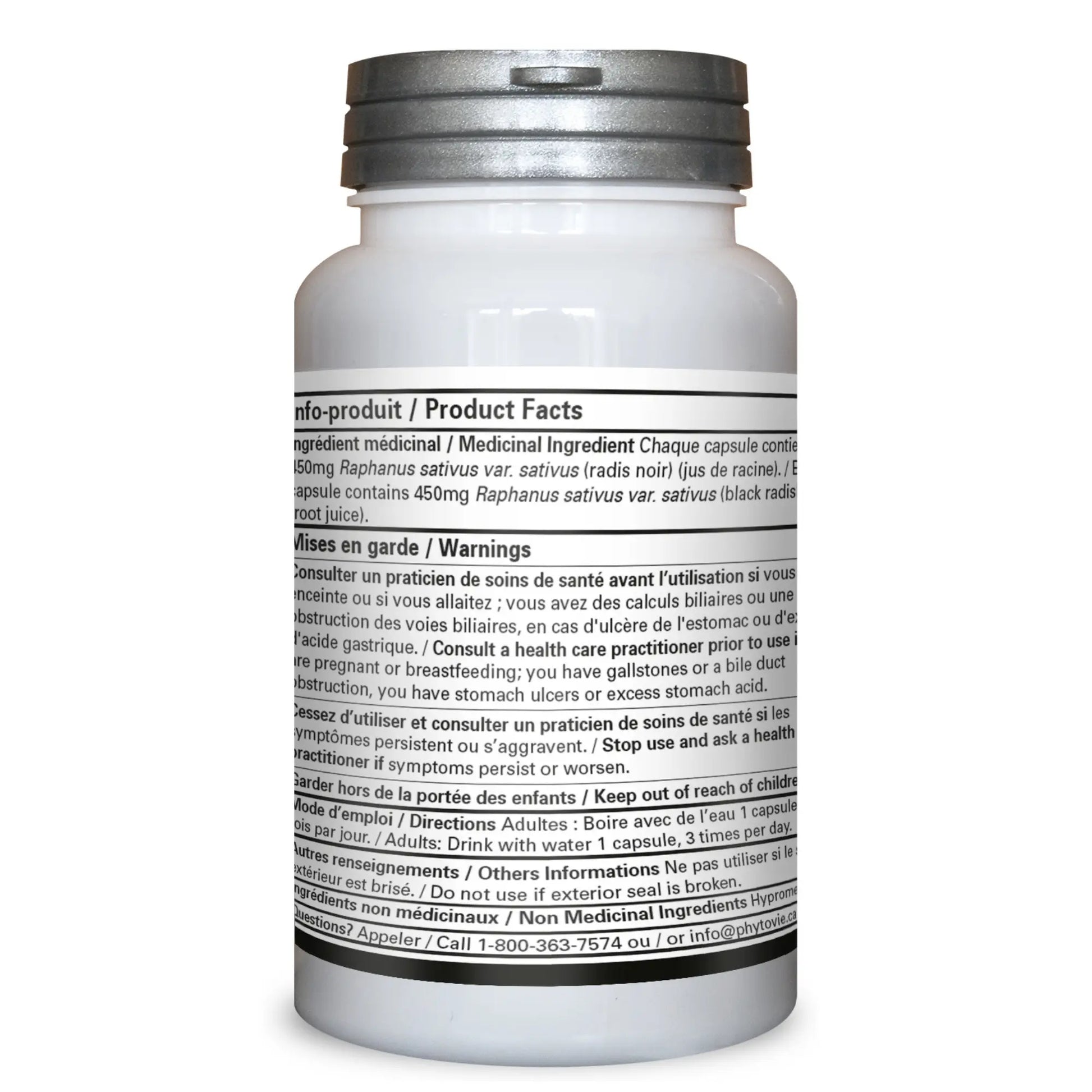 Dos du flacon de capsules Reine des prés Phytovie montrant les ingrédients médicinaux, la posologie, les avertissements et les faits produit