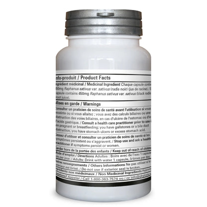 Dos du flacon de capsules Reine des prés Phytovie montrant les ingrédients médicinaux, la posologie, les avertissements et les faits produit