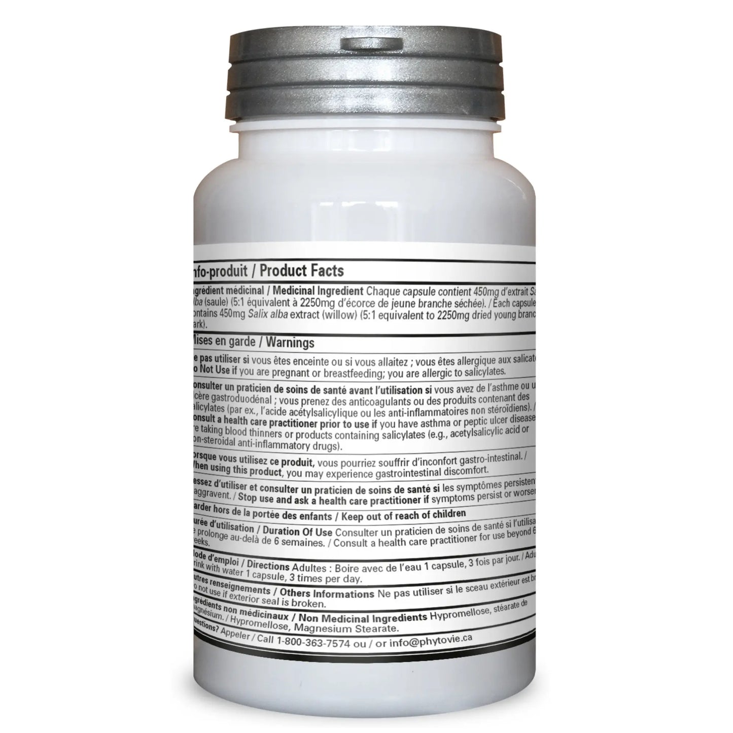 Dos du flacon de capsules de saule Phytovie présentant la posologie, les ingrédients médicinaux, les avertissements et les faits santé