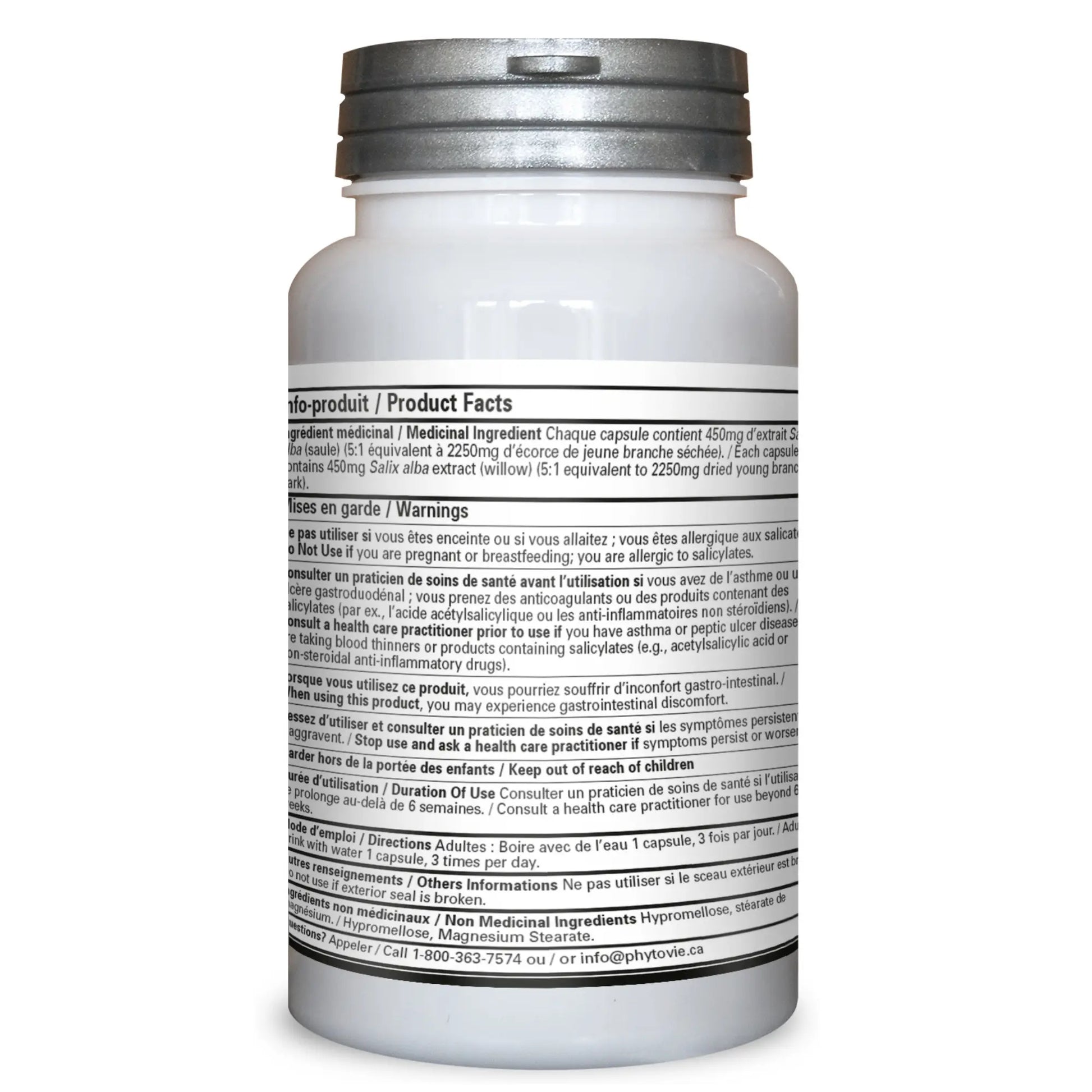 Dos du flacon de capsules de saule Phytovie présentant la posologie, les ingrédients médicinaux, les avertissements et les faits santé