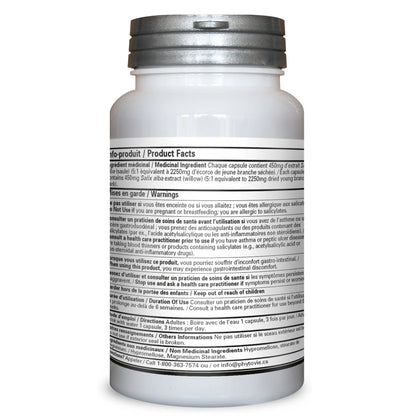Dos du flacon de capsules de saule Phytovie présentant la posologie, les ingrédients médicinaux, les avertissements et les faits santé