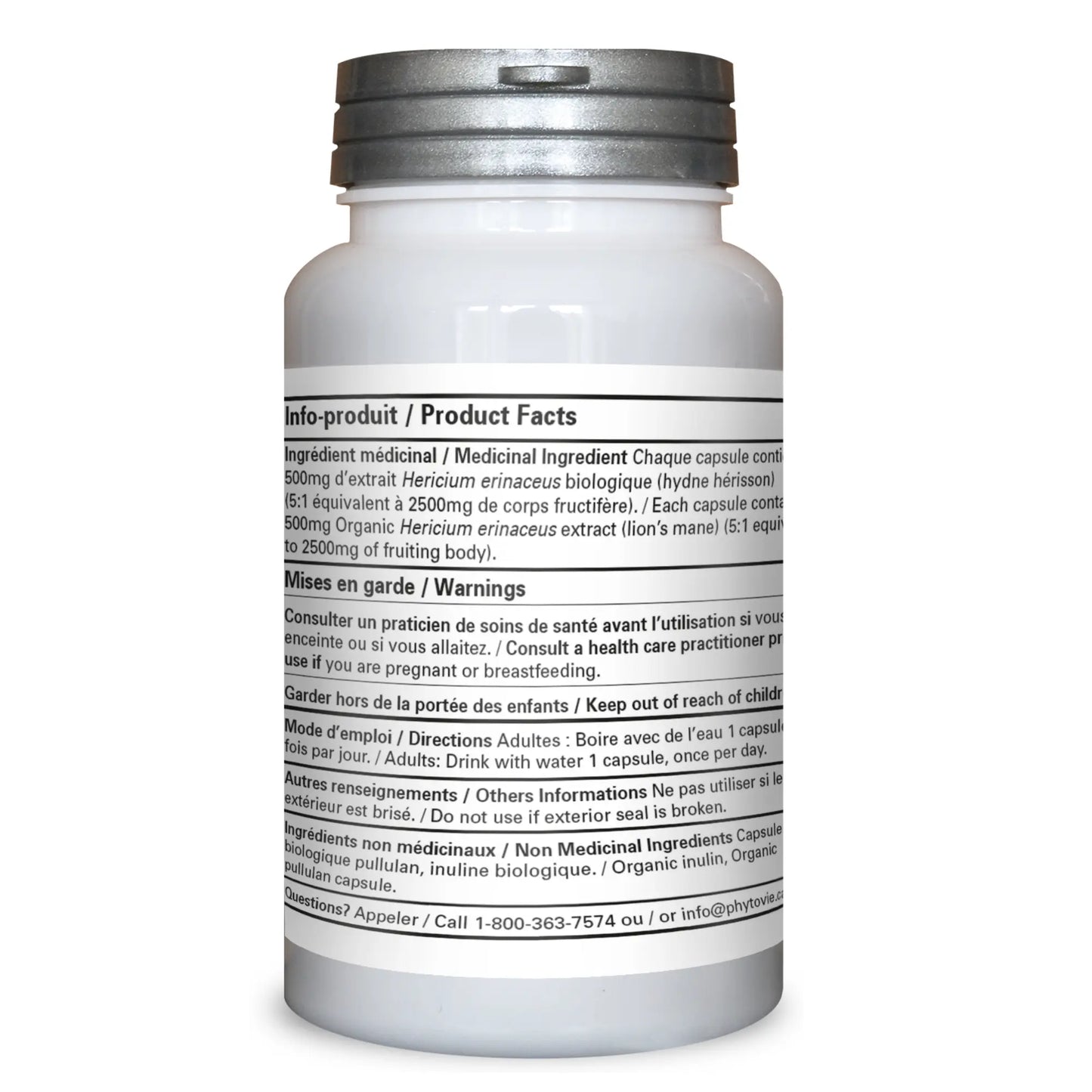 Dos du flacon de capsules Lion’s Mane Phytovie présentant les ingrédients médicinaux, la posologie, les avertissements et les informations produit
