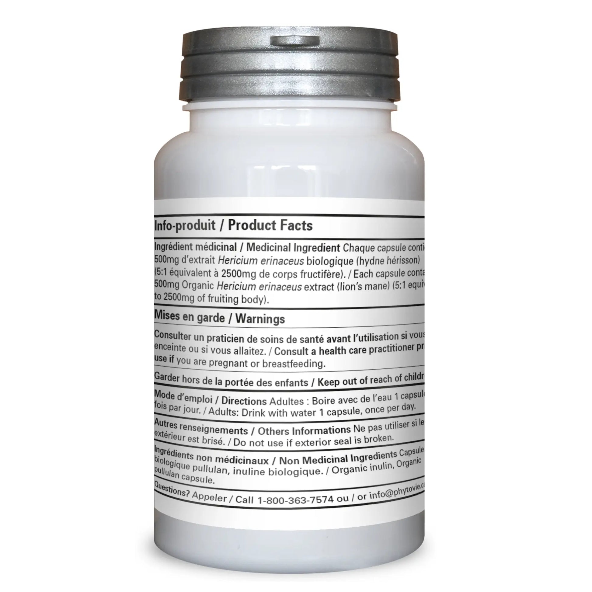 Dos du flacon de capsules Lion’s Mane Phytovie présentant les ingrédients médicinaux, la posologie, les avertissements et les informations produit