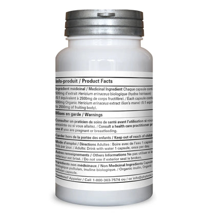 Dos du flacon de capsules Lion’s Mane Phytovie présentant les ingrédients médicinaux, la posologie, les avertissements et les informations produit