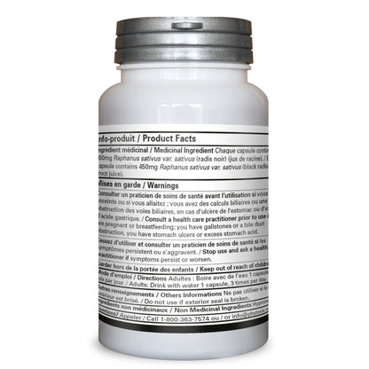 Dos du flacon de capsules Radis noir Phytovie montrant les ingrédients médicinaux, la posologie, les avertissements et les faits produit