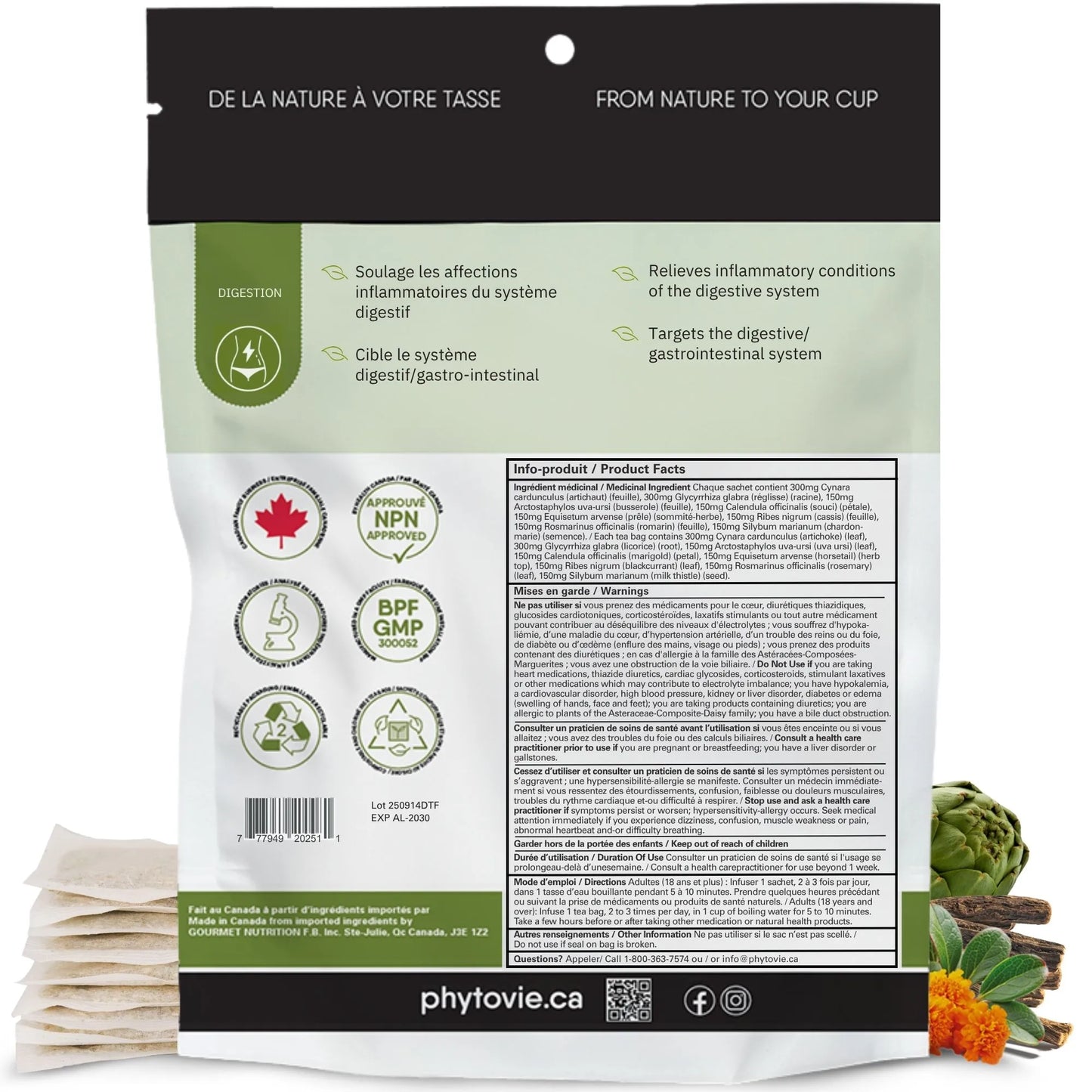 Dos du sachet de tisane Détox foie présentant les ingrédients, la posologie, les instructions d’infusion et les informations de santé approuvées