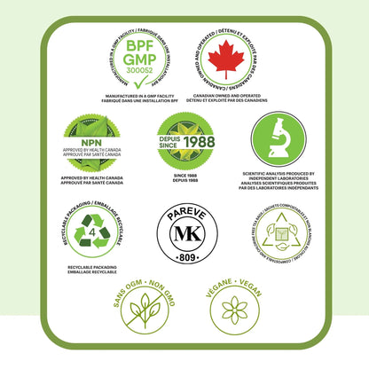Certifications qualité tisane Détox foie incluant GMP, approuvé Santé Canada NPN, fabriqué au Canada, ingrédients naturels et qualité supérieure