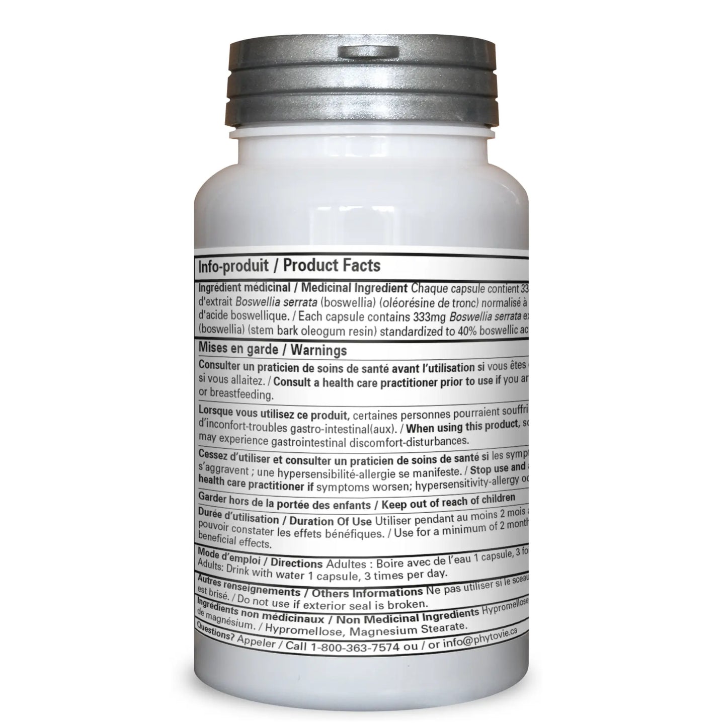 Dos du flacon de capsules Boswellia serrata Phytovie présentant les ingrédients médicinaux, la posologie, les avertissements et les informations produit

