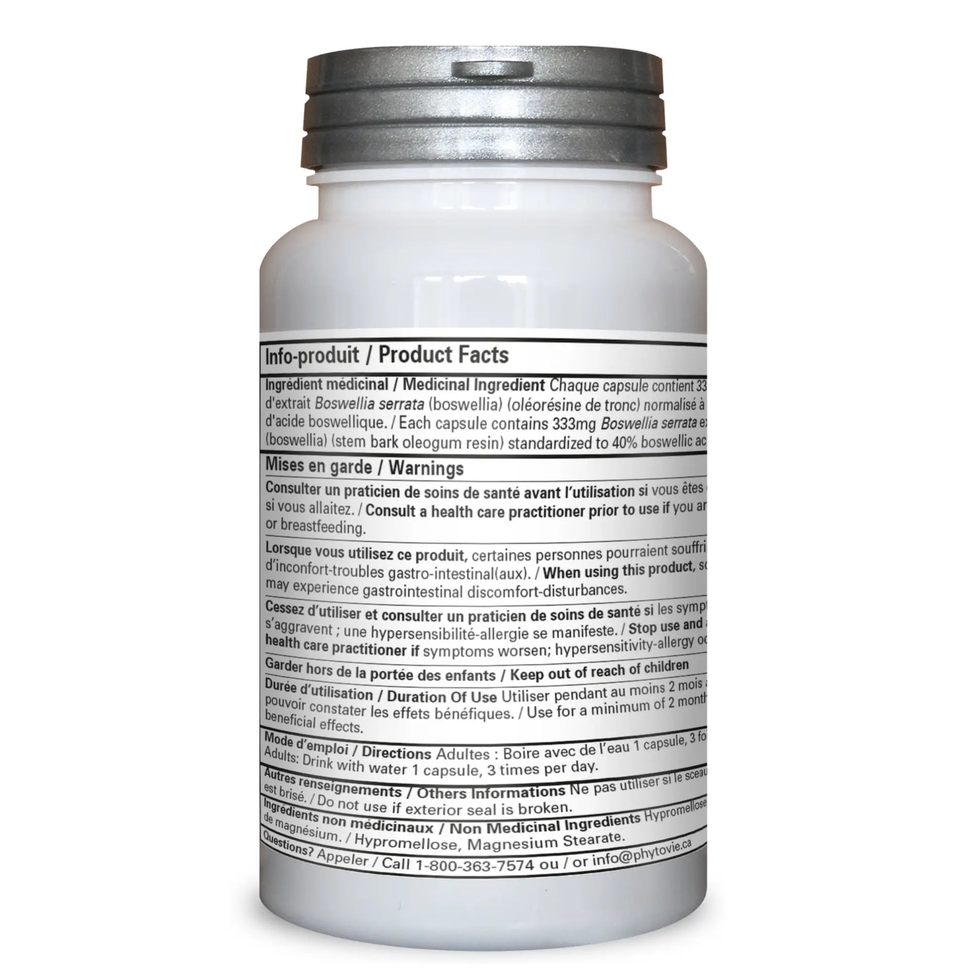 Dos du flacon de capsules Boswellia serrata Phytovie présentant les ingrédients médicinaux, la posologie, les avertissements et les informations produit

