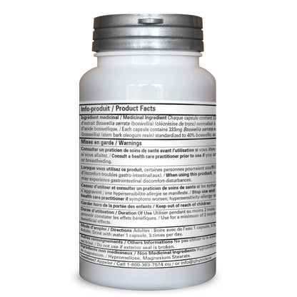 Dos du flacon de capsules Boswellia serrata Phytovie présentant les ingrédients médicinaux, la posologie, les avertissements et les informations produit

