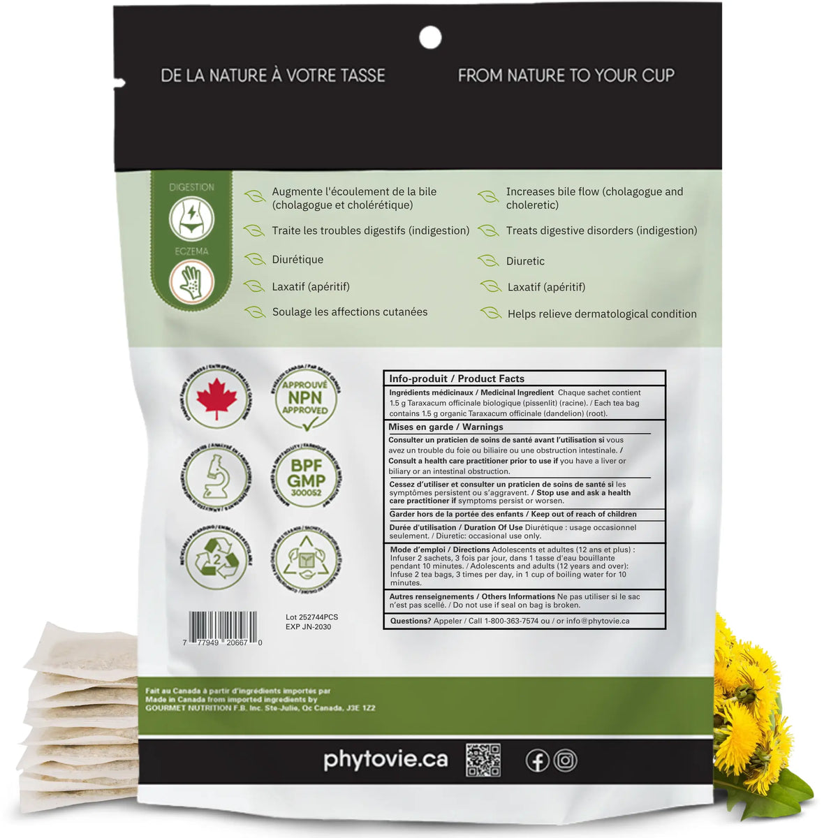 Dos complet du sachet Pissenlit: bienfaits bilingues, tableau Info-produit, badges NPN et BPF