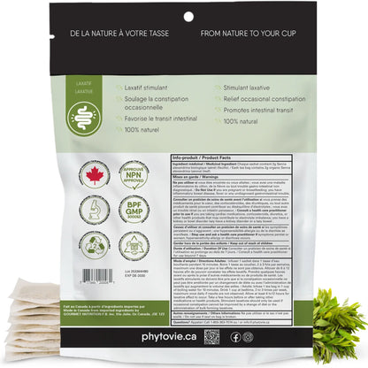 Verso de l'emballage Séné BIO Phytovie avec bienfaits et tableau des informations produit