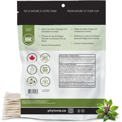Dos du sachet de tisane de basilic sacré présentant les ingrédients, la posologie, les instructions d’infusion et les informations de santé approuvées