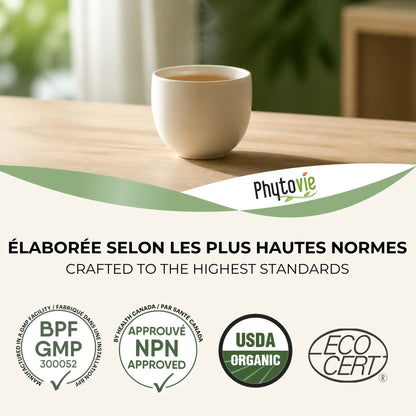 Tasse de tisane Séné BIO Phytovie avec certifications NPN, USDA Organic et Ecocert