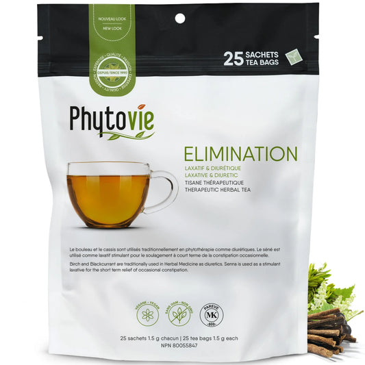 Tisane Élimination en 25 sachets sur fond blanc avec plantes naturelles, infusion reconnue pour favoriser l’élimination, la détox et le confort digestif