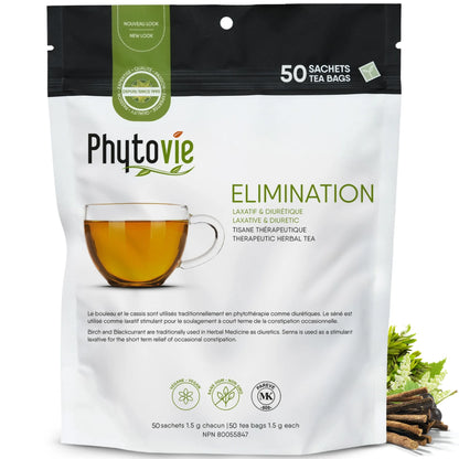 Tisane Élimination en 50 sachets sur fond blanc avec plantes naturelles, infusion reconnue pour favoriser l’élimination, la détox et le confort digestif