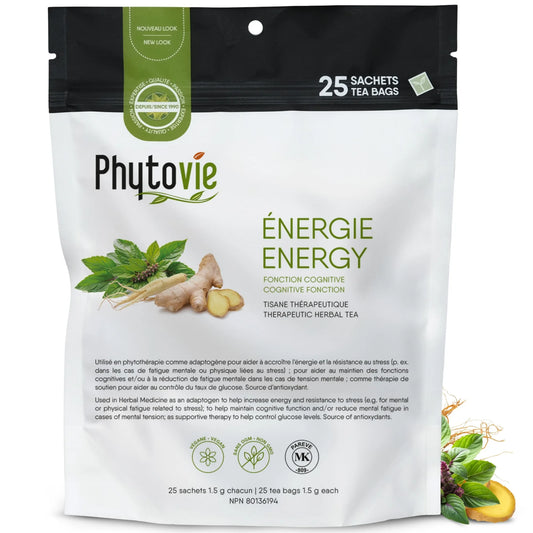Tisane Énergie Phytovie en 25 sachets sur fond blanc, infusion naturelle sans caféine à base de gingembre, panax ginseng et basilic sacré pour soutenir l’énergie, la clarté mentale et la vitalité quotidienne