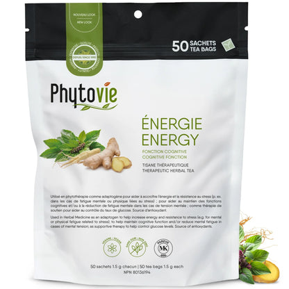 Tisane Énergie Phytovie en sachets sur fond blanc, infusion naturelle sans caféine à base de gingembre, panax ginseng et basilic sacré pour soutenir l’énergie, la clarté mentale et la vitalité quotidienne