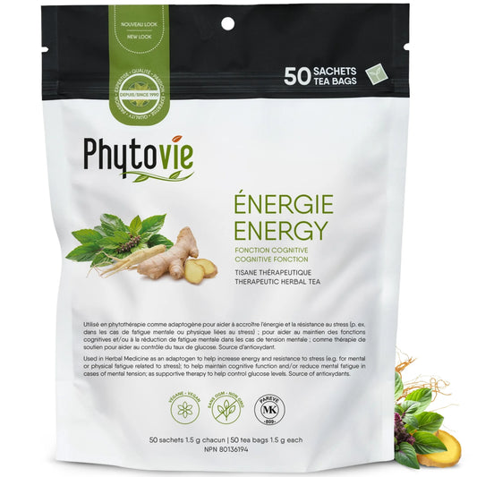 Tisane Énergie Phytovie en sachets sur fond blanc, infusion naturelle sans caféine à base de gingembre, panax ginseng et basilic sacré pour soutenir l’énergie, la clarté mentale et la vitalité quotidienne