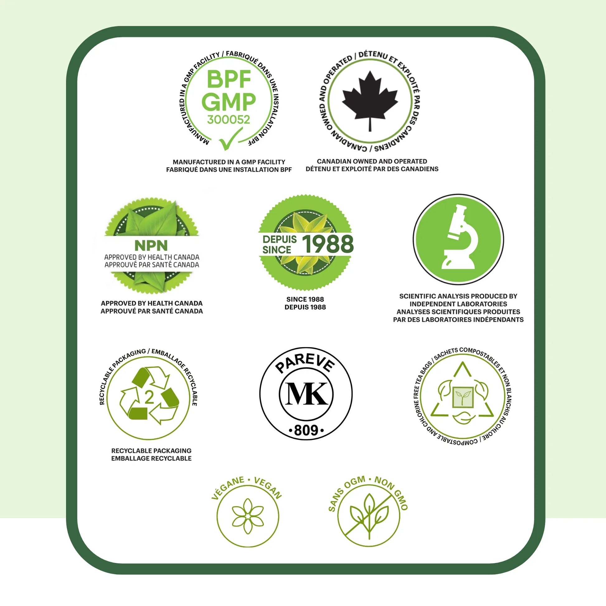 Certifications qualité de la tisane Énergie Phytovie incluant NPN approuvé par Santé Canada, GMP, fabriqué au Canada et ingrédients naturels de qualité supérieure