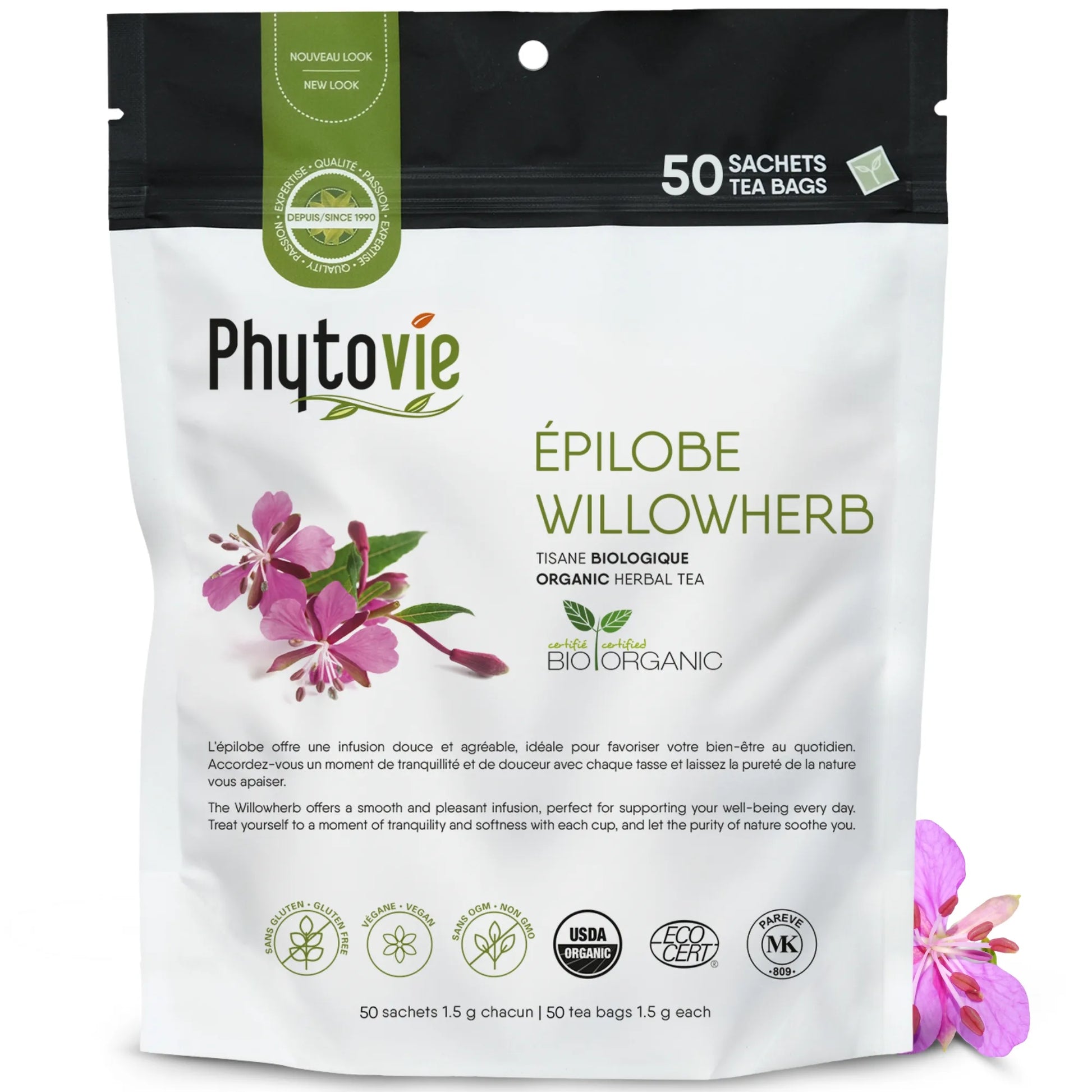 Tisane d’épilobe à petites fleurs BIO Phytovie en 50 sachets, présentée sur fond blanc, infusion naturelle douce et prête à l’emploi