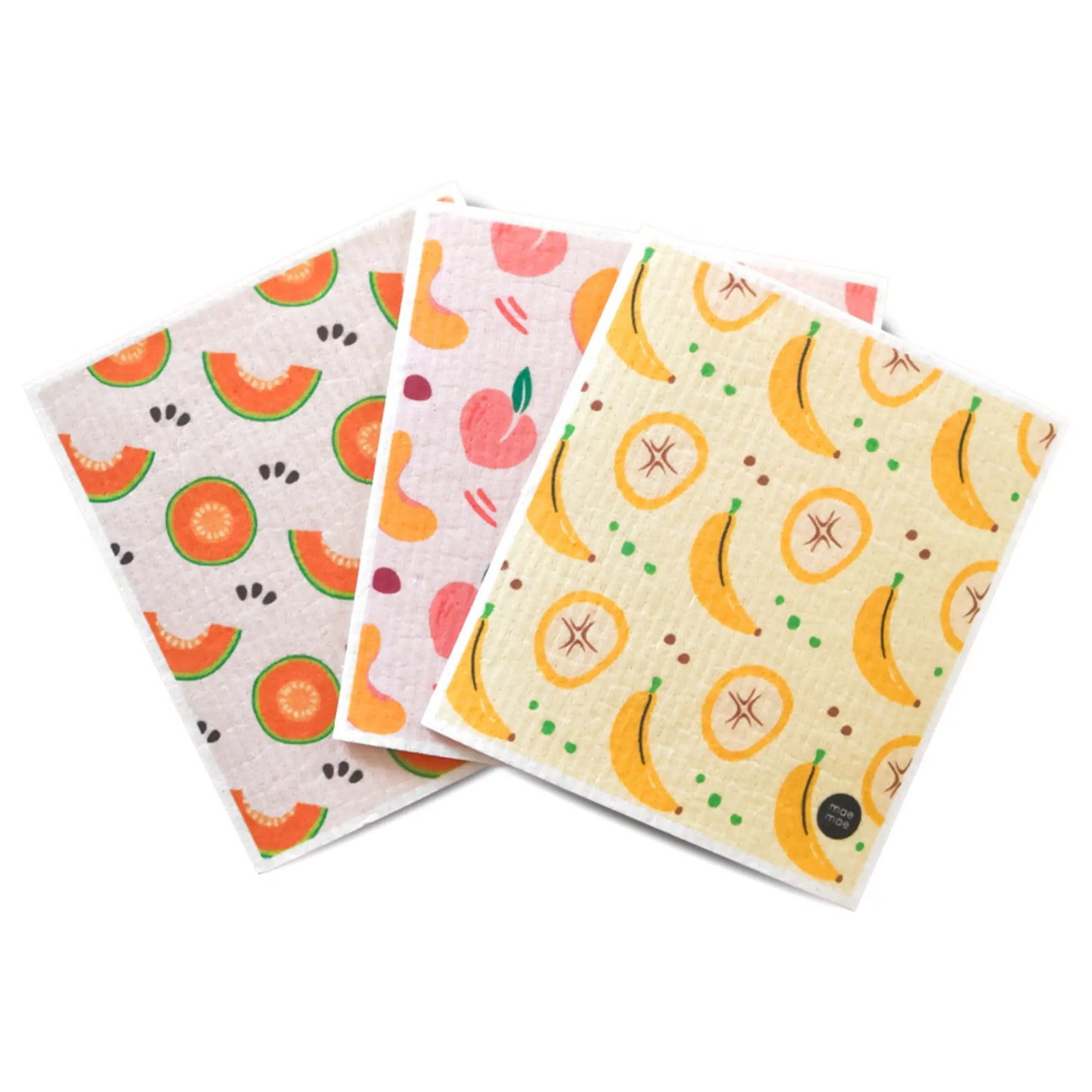 Essuie-tout réutilisables écologiques Maemae à motifs fruits, lavables, ultra-absorbants et compostables pour cuisine et ménage.