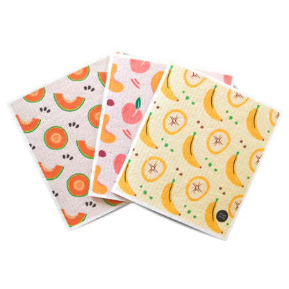 Essuie-tout réutilisables écologiques Maemae à motifs fruits, lavables, ultra-absorbants et compostables pour cuisine et ménage.