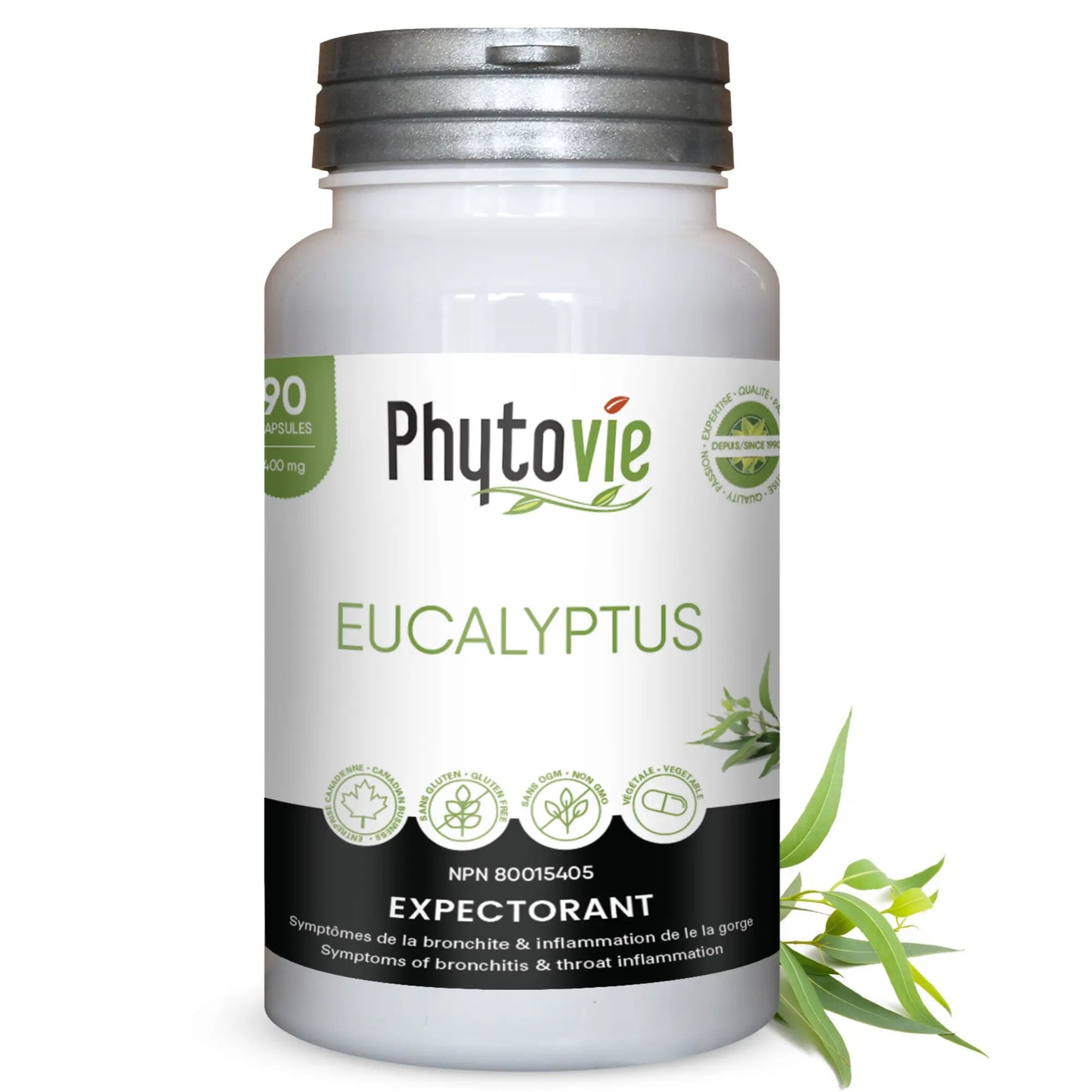 Capsules d’eucalyptus Phytovie 90 capsules, supplément naturel expectorant utilisé pour soutenir le confort bronchique et respiratoire