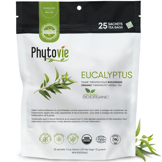 Tisane d’eucalyptus BIO Phytovie en 25 sachets sur fond blanc, infusion naturelle reconnue pour soutenir le confort respiratoire