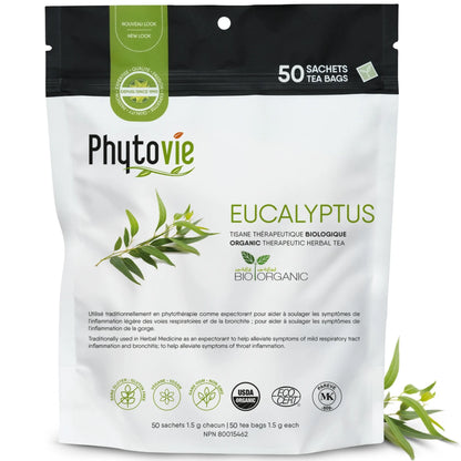 Tisane d’eucalyptus BIO Phytovie en 50 sachets sur fond blanc, infusion naturelle reconnue pour soutenir le confort respiratoire