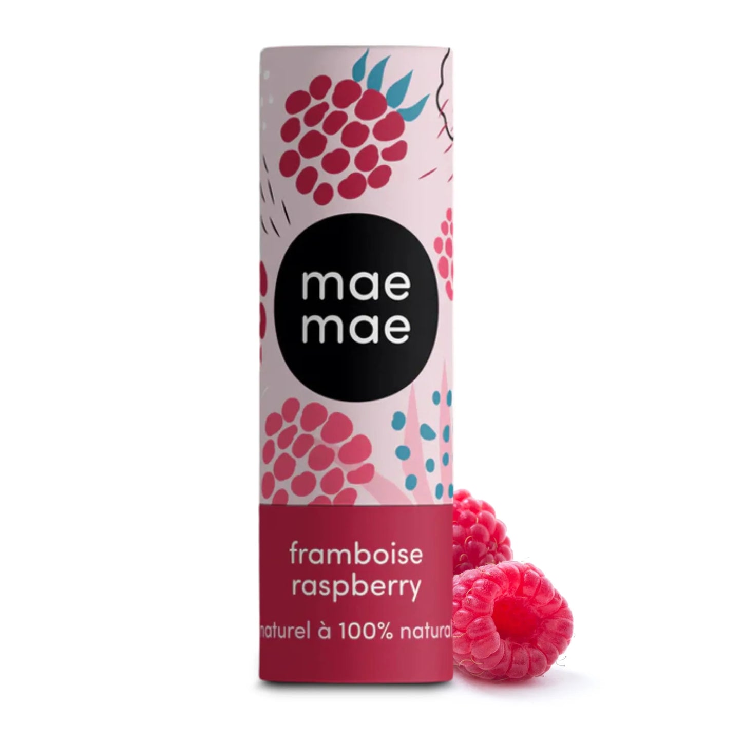 Baume à lèvres naturel à la framboise mae mae sur fond blanc avec framboises fraîches