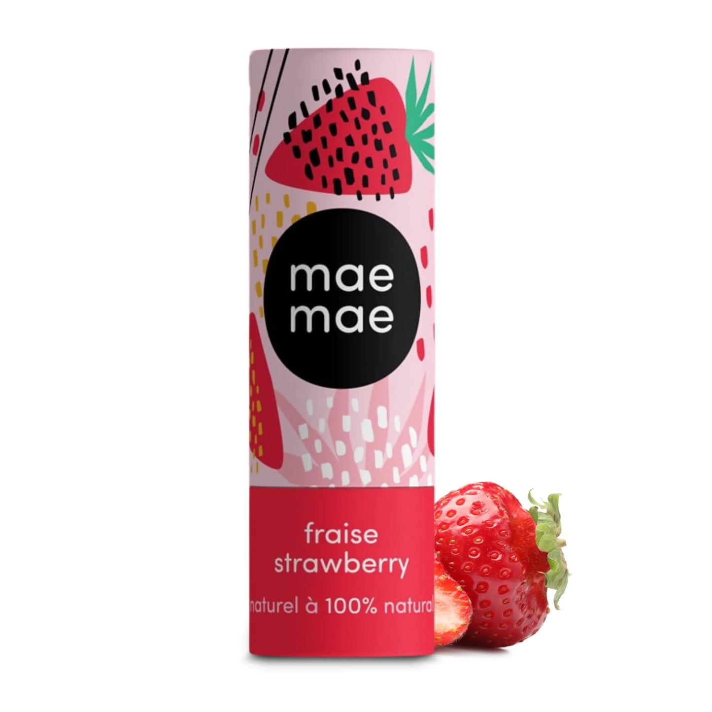 Baume à lèvres naturel à la fraise mae mae sur fond blanc avec fraise