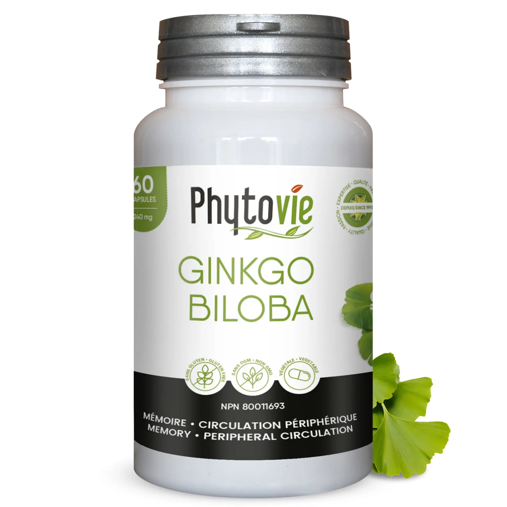 Capsules de ginkgo biloba Phytovie 90 capsules, supplément naturel utilisé pour soutenir la mémoire et la circulation périphérique

