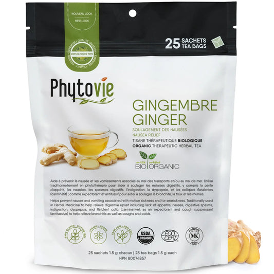 Tisane thérapeutique biologique gingembre Phytovie 25 sachets, infusion naturelle pour soulager les nausées et le mal des transports

