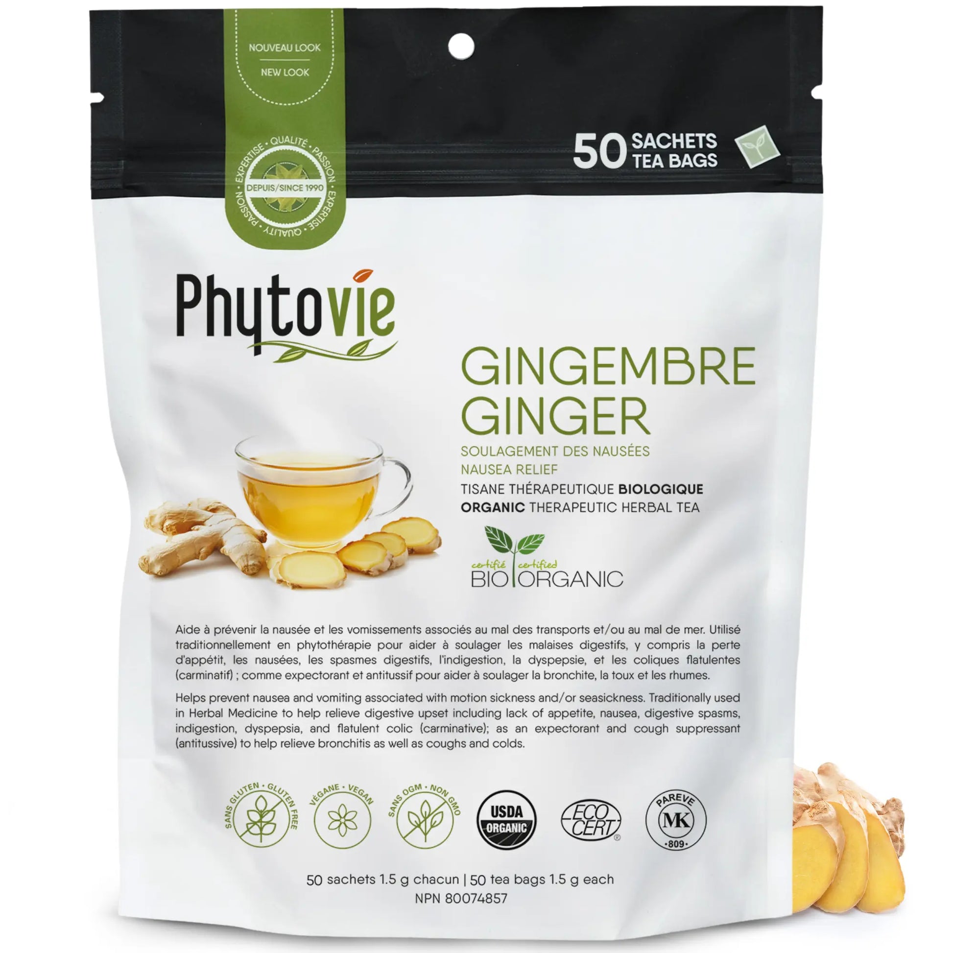 Tisane thérapeutique biologique gingembre Phytovie 50 sachets, infusion à base de plantes pour la digestion et le soulagement des nausées