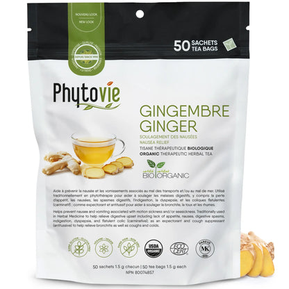 Tisane thérapeutique biologique gingembre Phytovie 50 sachets, infusion à base de plantes pour la digestion et le soulagement des nausées