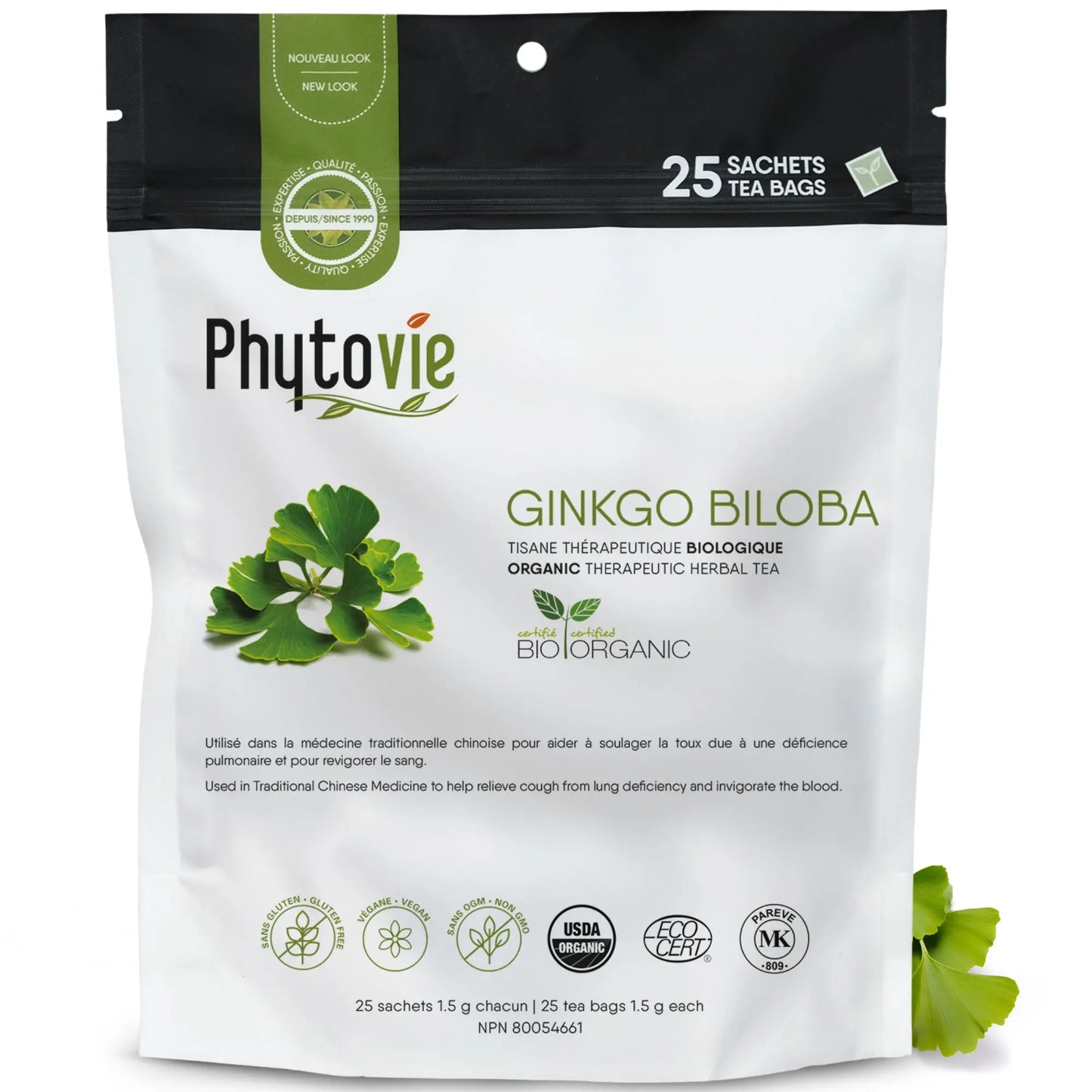 Tisane biologique Ginkgo Biloba Phytovie 25 sachets, infusion biologique reconnue pour aider à soulager la toux et pour revigorer le sang
