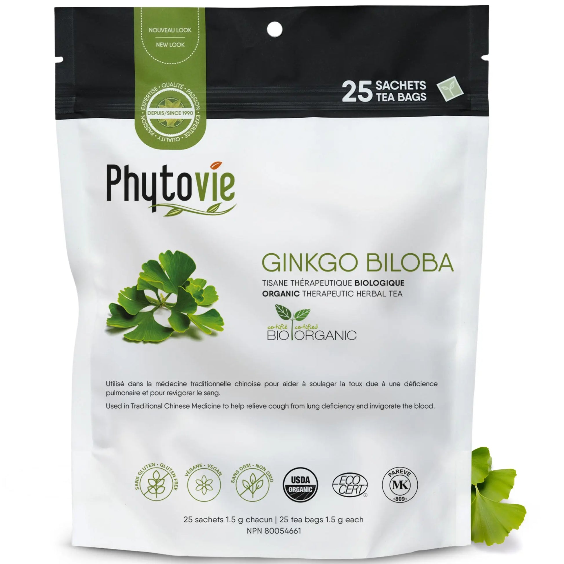 Tisane biologique Ginkgo Biloba Phytovie 25 sachets, infusion biologique reconnue pour aider à soulager la toux et pour revigorer le sang