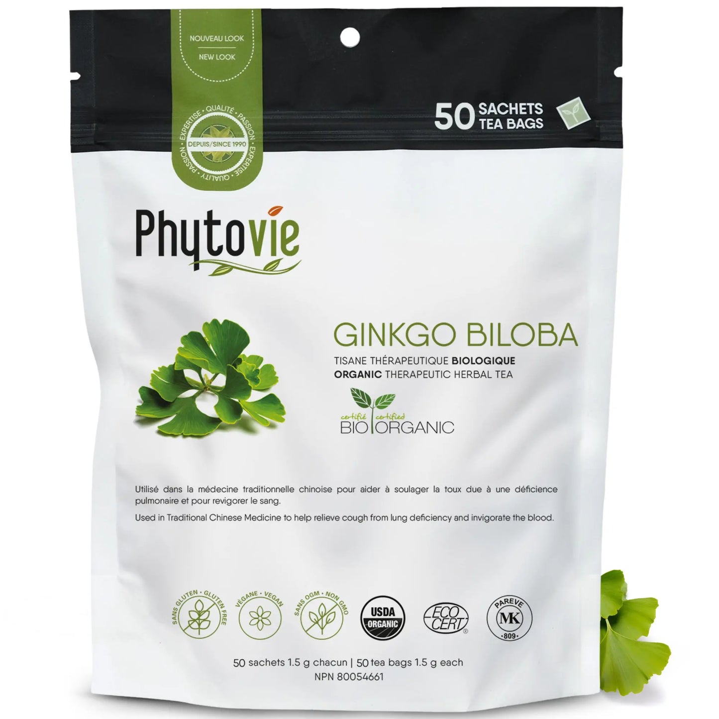 Tisane biologique Ginkgo Biloba Phytovie 50 sachets, infusion biologique reconnue pour aider à soulager la toux et pour revigorer le sang