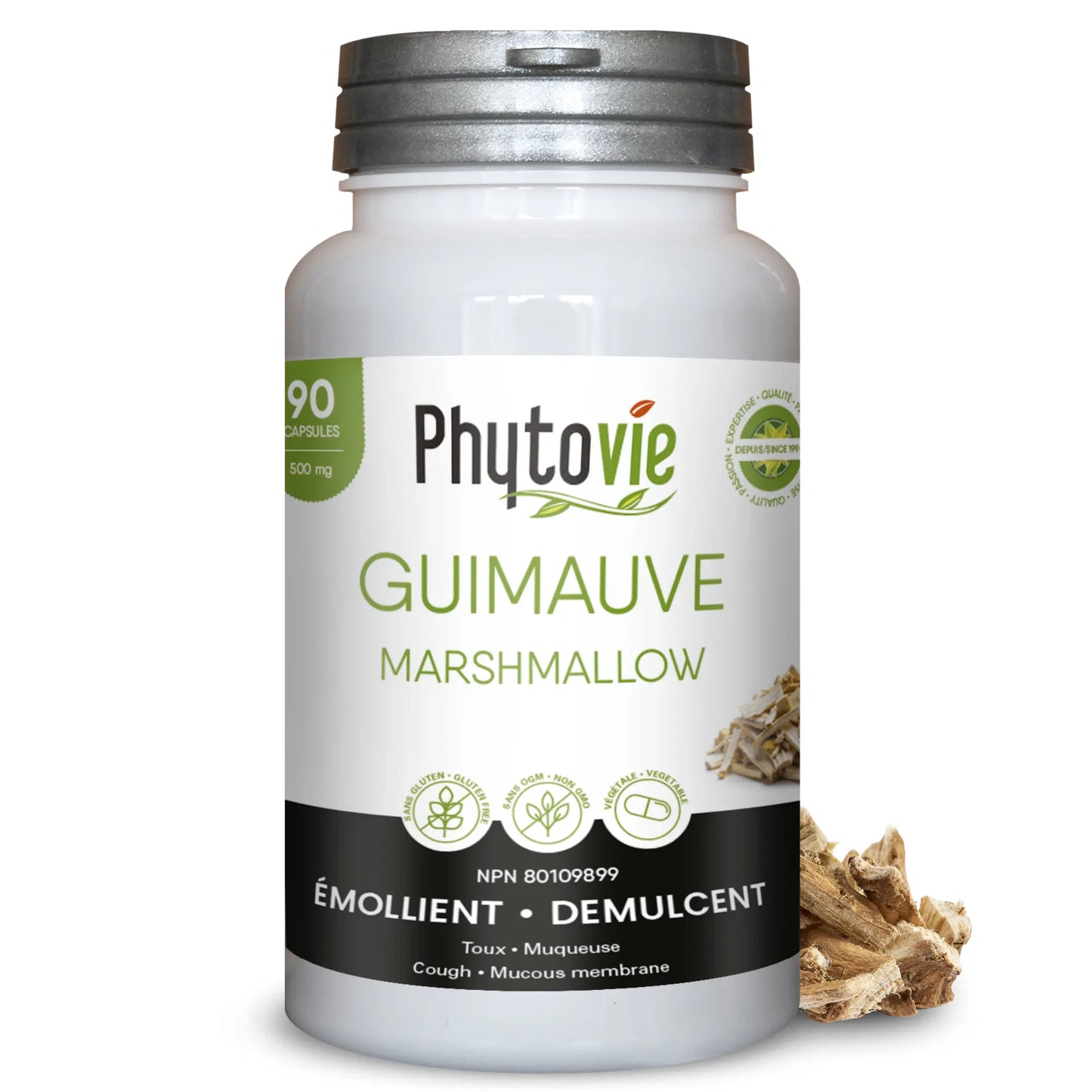 Capsules de guimauve Phytovie 90 capsules, supplément naturel émollient utilisé pour apaiser la toux sèche et protéger les muqueuses