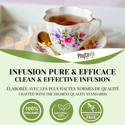 Infusion de passiflore Phytovie servie dans une tasse élégante, mettant en valeur une tisane biologique, naturelle et sans additifs, élaborée selon les plus hautes normes de qualité.