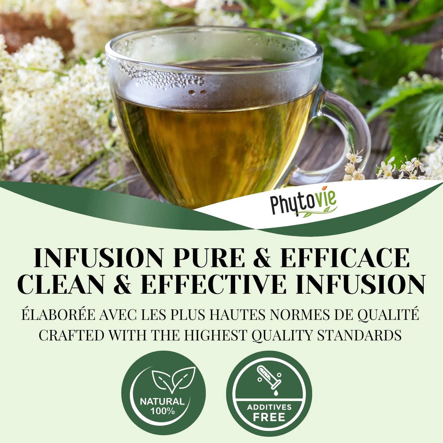 Tasse d’infusion de Reine-des-prés PhytoVie avec mention infusion pure et efficace, produit naturel sans additifs, normes de qualité élevées