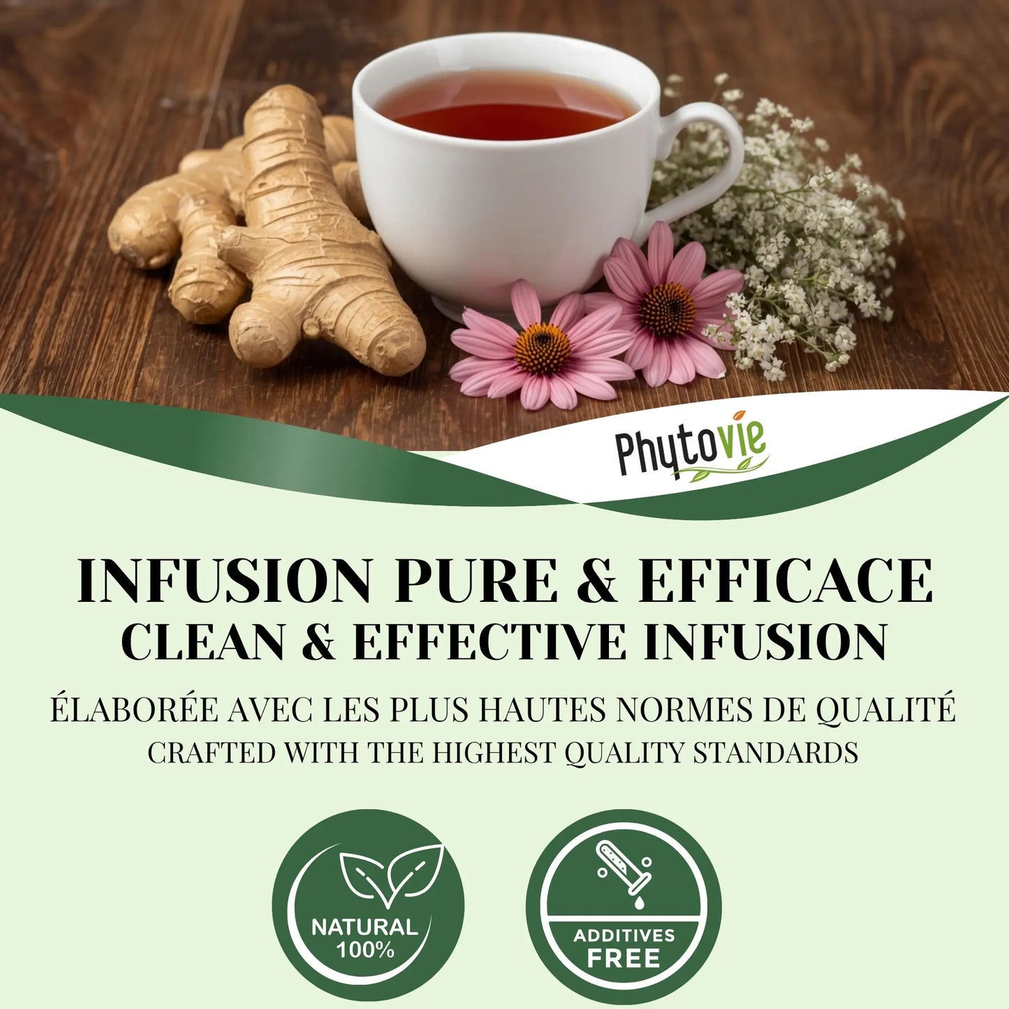 Infusion de tisane rhume et grippe Phytovie à base de gingembre et échinacée, naturelle, pure et efficace

