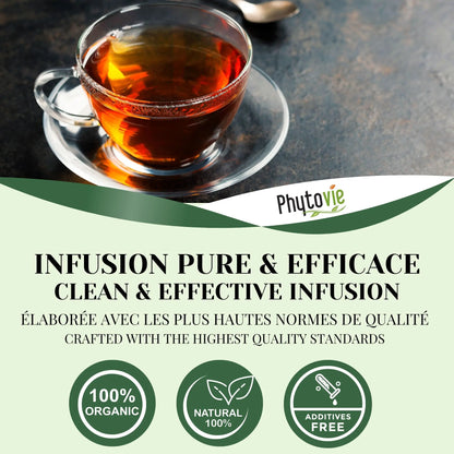 Infusion de vigne rouge Phytovie servie dans une tasse en verre, mettant en valeur une tisane biologique, naturelle et sans additifs, élaborée selon les plus hautes normes de qualité.