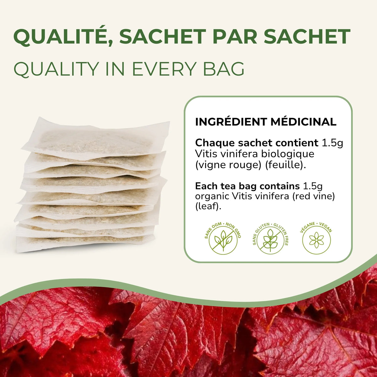 Sachets de tisane Vigne Rouge Phytovie empilés, ingrédient médicinal vigne rouge biologique