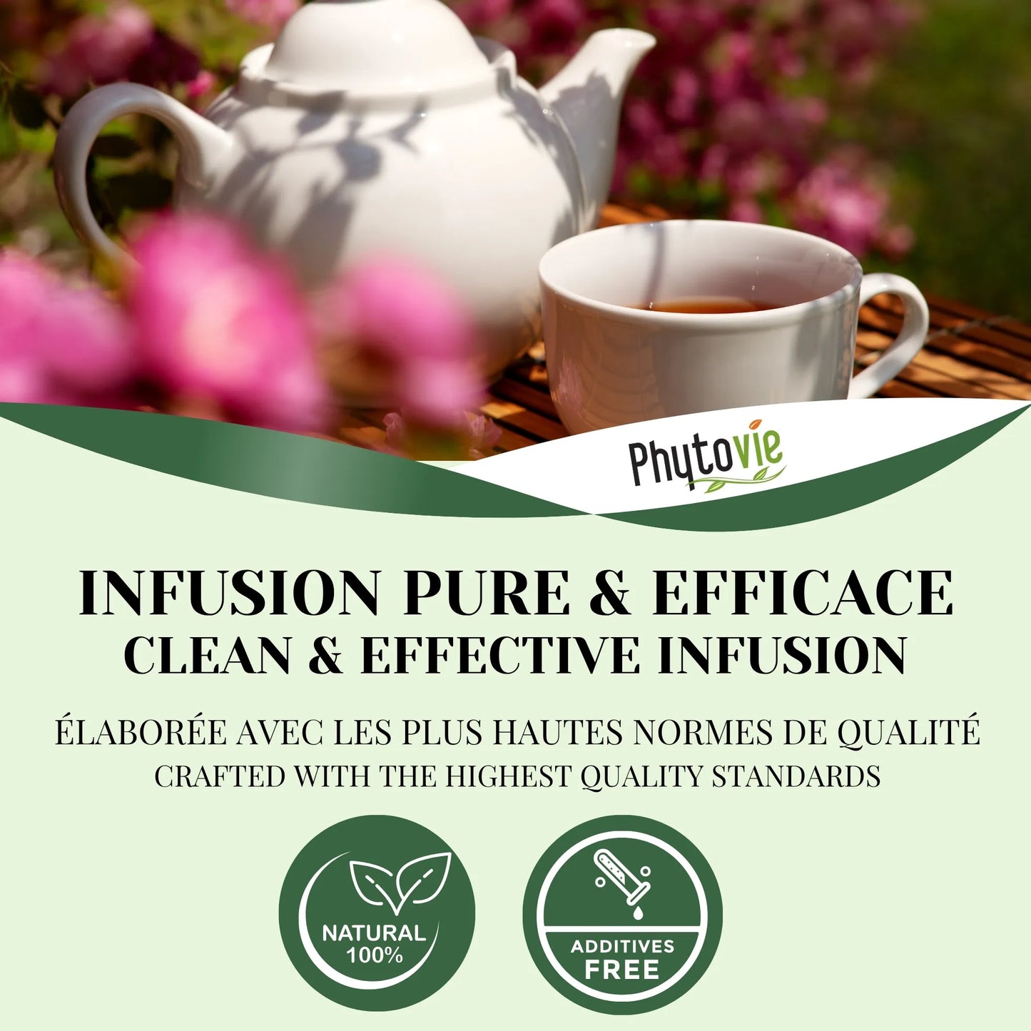 Tasse de tisane Ménopause accompagnée de plantes naturelles, illustrant une infusion douce et réconfortante favorisant le calme et l’harmonie