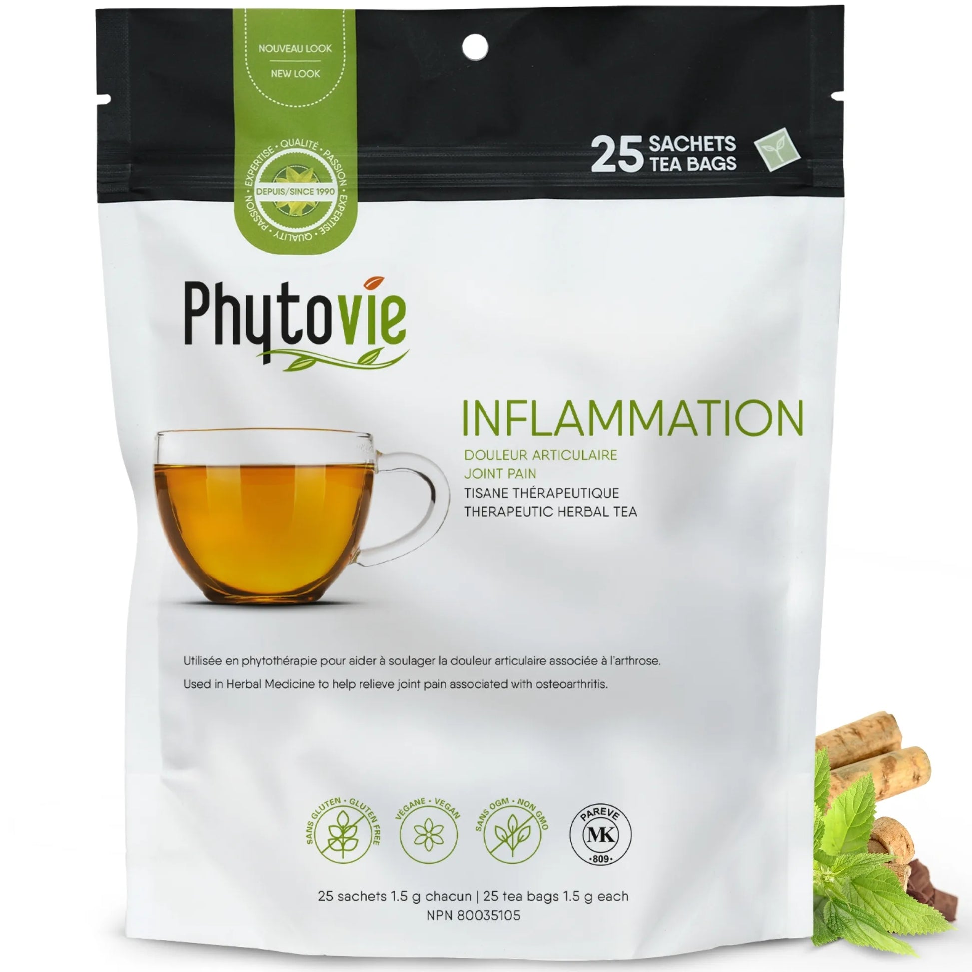 Tisane naturelle pour les inflammations articulaires Phytovie en 25 sachets sur fond blanc, infusion ciblée pour le confort et la mobilité
