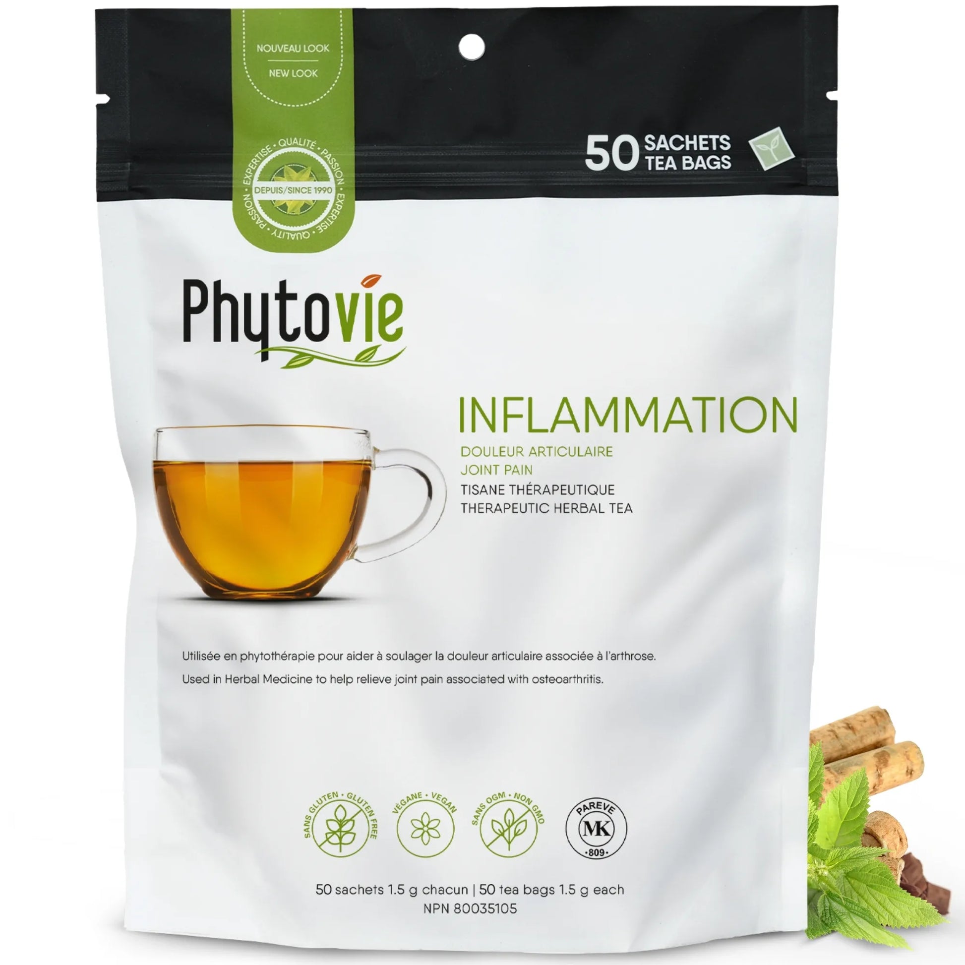 Tisane naturelle pour les inflammations articulaires Phytovie en 50 sachets sur fond blanc, infusion ciblée pour le confort et la mobilité