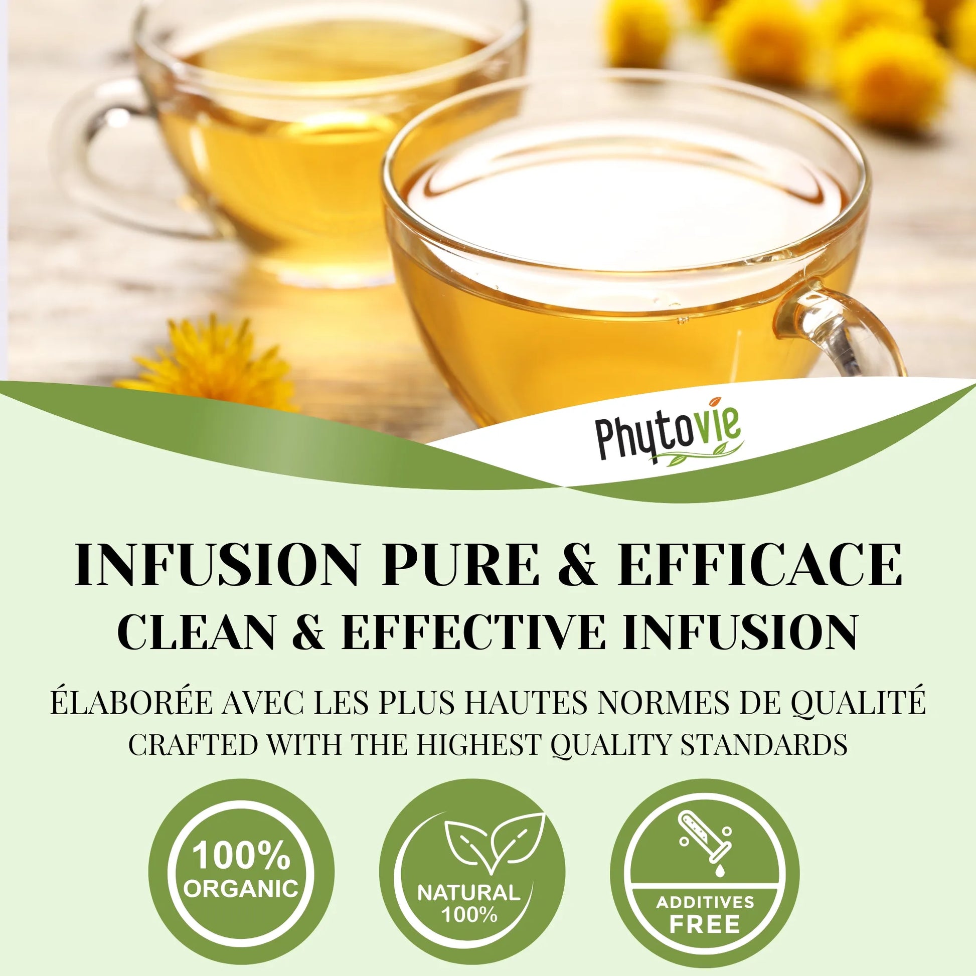 Tasse de tisane de racine de pissenlit illustrant une infusion pure, détoxifiante et revitalisante, 100% naturelle et de qualité supérieure